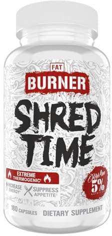 5% Nutrition Shred Time Fat Burner | Green Tea, Coffee Bean, Cayenne, Theobromine, GBB | Appetite Suppression | 30 Servings (180 Capsules)