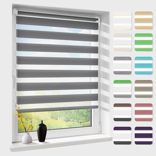 Doppelrollo klemmfix ohne Bohren, Duo Rollos für Fenster & Tür mit Bohren, Anthrazit B65 x H130cm (Stoffbreite 65 cm), Fensterrollo lichtdurchlässig & verdunkelnd, Klemmrollo Sonnenschutz