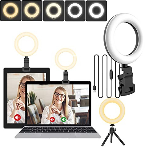 Ringlicht Laptop, 5'' Ringleuchte mit Stativ & Clip, Videokonferenz Licht mit 5 Beleuchtungsmodi&11 Helligkeiten, 360° Dimmbare Selfie-Licht für Video-Streaming, Videoanruf, Tiktok, Meeting, Make-up