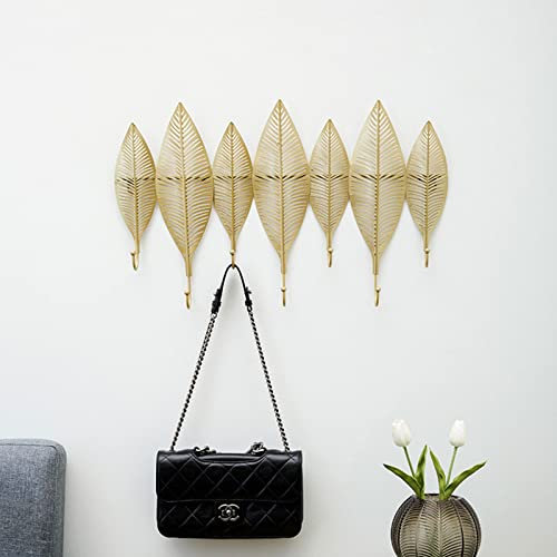 Wanddekorhaken in Gold Blatt Design Wandgarderobe Wandregal aus Metall Garderobenhaken mit 4 Garderobe Haken Dekor Wand Haken für Jacken Mützen Bademäntel Handtücher Schlüssel(65x41,5x6cm)