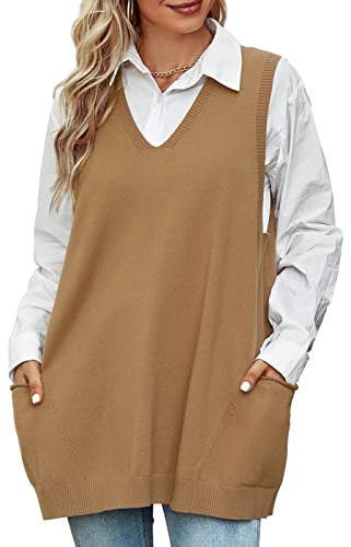 Niwicee Womens Sweater Vest Loose Knitted Sleeveless Jumpers Tank Top Knitwear V-Neck Vintage Knit Pullover Waistcoat with 2 Pockets(Khaki,L)