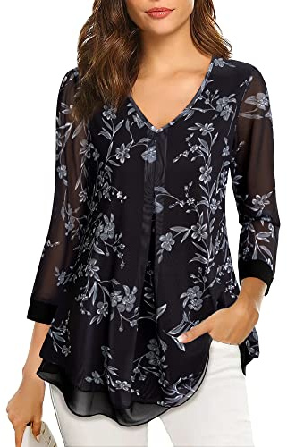 Gaharu Tunique pour femme à manches 3/4 avec motif fleuri, chemisier élégant à double couche, col en V, maille, décontracté, long chemisier, XXL