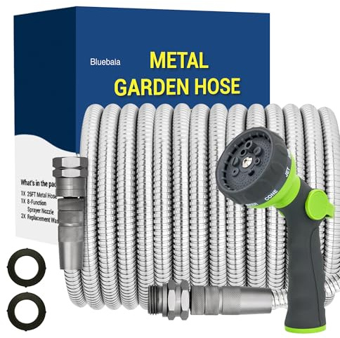 50 FT Stainless Steel Garden Hose – 304 Steel Heavy Duty Metal Hose, No-Kink, Puncture Resistant, Lightweight, Leak-Proof Swivel Fittings, 8-Pattern Nozzle for Garden, Yard, Outdoor Cleaning