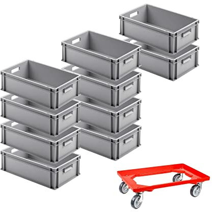 SparSet 10x Eurobehälter mit offenem Griff & 1x Transportroller Rot | HxBxT 17,5x40x60cm | 30 Liter | Eurobox, Transportbox, Transportbehälter, Stapelbehälter