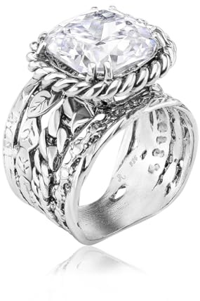 JEAN RACHEL JEWELRY Damenring aus 925er Sterlingsilber, Vintage-Design mit Flecht- und Blattmotiv sowie Zirkonia im Kissenschliff, hypoallergen, nickelfrei, bleifrei, handgefertigter Statement-Schmuck