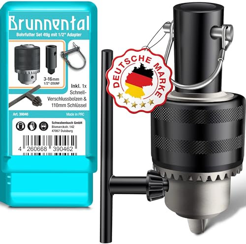 BRUNNENTAL ® Zahnkranzbohrfutter 3.0-16MM 1/2-20UNF - Bohrfutter Set mit Adapter + Flügelbolzen + Bohrfutterschlüssel für Universalbohrer