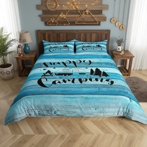 Manfei Camping Bettbezug Set S Größe,Holzplanke Kiefern Rustikale Bauernhaus Bettwäsche Set Kinder Erwachsene,Wohnmobil Anhänger Camper Dekor Tröster Abdeckung,Blau Retro Quilt Cover,1 Kissenbezug