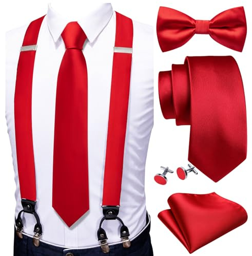YOHOWA Men Suspenders Bow Tie Necktie Set 6 Clips Strength Adjustable Y Braces Handkerchief Cufflinks Formal Wedding