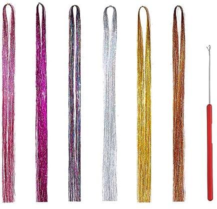 RTRTGS Hair Tinsel Glitzer Haare 6 Colors Lametta-Haarverlängerungen Zöpfe für Zöpfe, glänzende bunte Feenhaare, Glitzer-Lametta-Haarverlängerungen, Partyzubehör zum Valentinstag