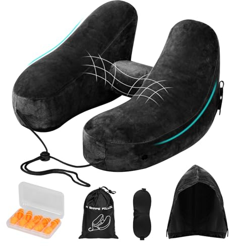 Almohada de Viaje Hinchable, Cojin Cervical Inflable Viaje de Cuello, Almohada Avion con Cubierta Suave de Terciopelo, Sombrero, Cordón Máscara de Ojos y Tapones para los Oídos para Coche (Negro)