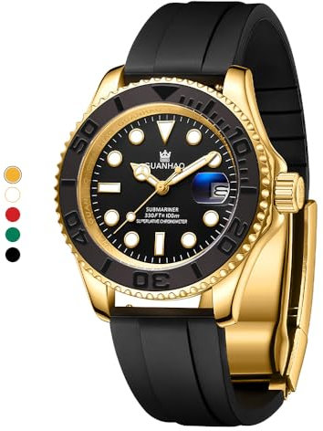 GUANHAO Men's Automatic Mechanical Diving Watch， 40mm Luminous Dial， 100M Waterproof， Luxury Fashion Business Casual Sport Designer Genuine Watch with Calendar， Rubber/Stainless Steel Strap