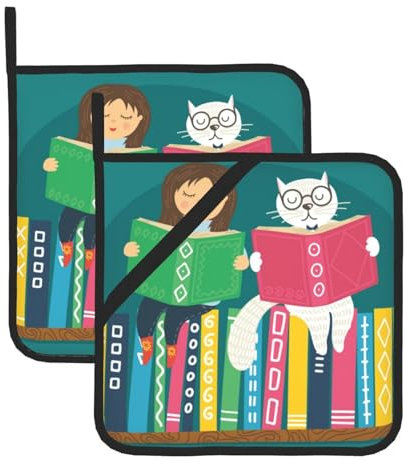 Confezione da 2 presine per cucina, libreria, libri con gatti e ragazze, resistenti al calore, con tasche ad anello per appenderle, panni per forno, microonde, presine per cucinare, campeggio, cottura