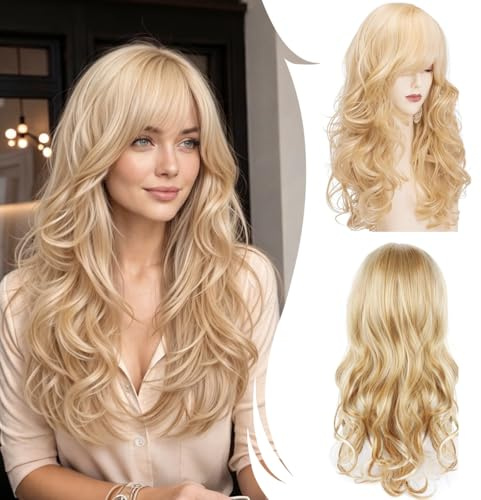 Perücke Blond Lang,60cm Perrücke Frauen Blond Lang, Lange Gewellte Perücken Mit Pony, Blonde Perücke, Für Damen Den Täglichen Gebrauch Geeignet, Karneval, Cosplay, Halloween, Party