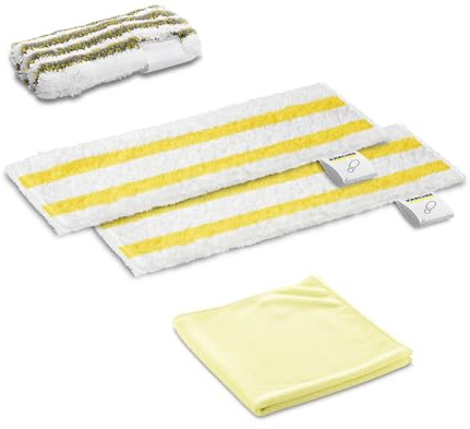Kärcher Starter Tuchset mit 2 Universal-Bodentüchern aus hochwertiger Feinstfaser, 1 Abrasiv-Überzug für die Handdüse und 1 Poliertuch. Original-Zubehör für die Kärcher Dampfreiniger