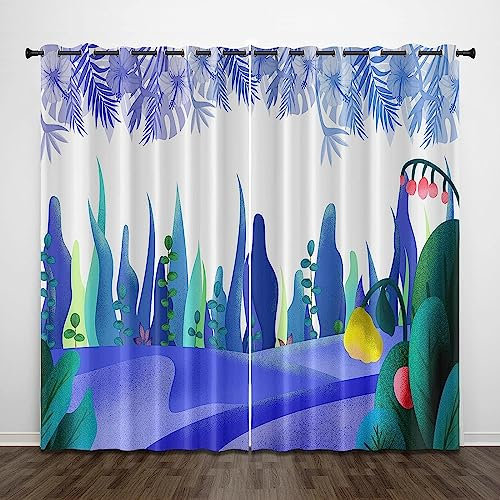 Vorhang, Kinderzimmer, 3D Blaue Pflanzenblume Kindervorhänge Mit Ösen, Polyestervorhänge, Wärmeschutzvorhang, Blickdichter Vorhang Mit Ösen, Kindervorhänge Für Wohnzimmer, Schlafz-7N7X2H3H2M6