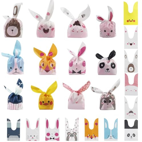Dunkwckore 60PCS Geburtstagstüten für Kinder - 5 Stile Süßigkeiten und Geschenktüten Set Mit Tierohren - Partytüten für Hasen, Kekse und Geschenke