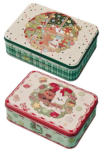 PLUSHCEWT 2 pcs Christmas Tin Box Christmas Cookie Containers Vintage Tin Container for Snack Biscuit Candy Christmas Party Supplies Rectangle Iron Box with Lids