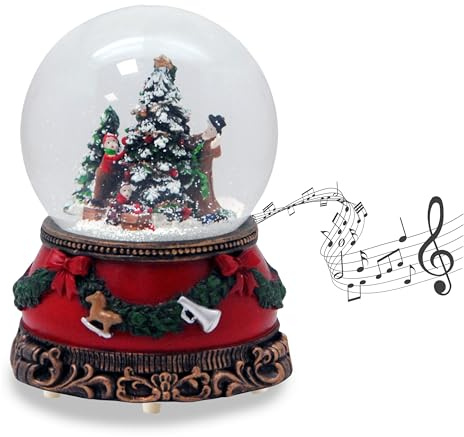 Schneekugel Weihnachten Spieluhr | Christbaum | B: 10cm | 20272 | Höhe: 14 cm | Weihnachtsmann Christbaum | Sockel Weihnachten rot | Schüttelkugel Weihnachtsdekoration | mit Musik