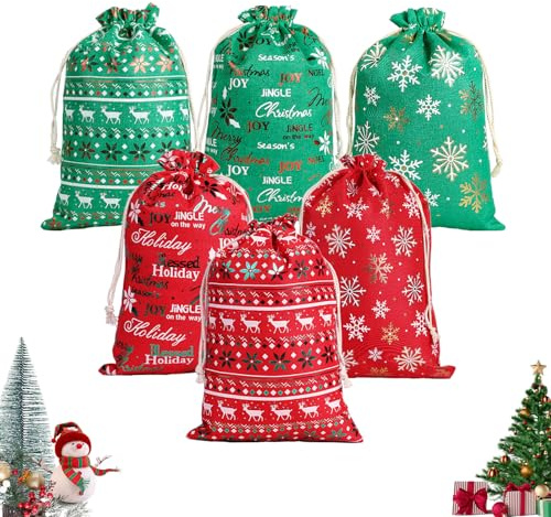 Hyran Geschenktüten Weihnachten, 6 Stück Weihnachtssack, 30×20 cm Weihnachts-Geschenktüte mit Kordelzug, Hochwertiger Stoff, Wiederverwendbare Weihnachtsgeschenktüten