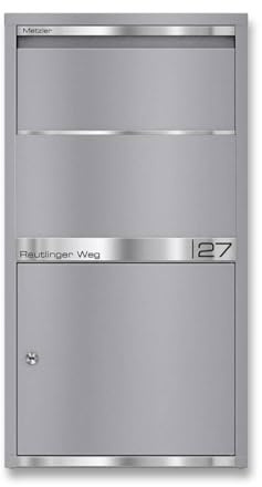 Metzler Paketbox mit Klappensystem und Gravurplatte in RAL 9007 Graualuminium, wetterfest und rostfrei, sichere Paketaufbewahrung, freistehend oder Wandmontage, Modell Avalon