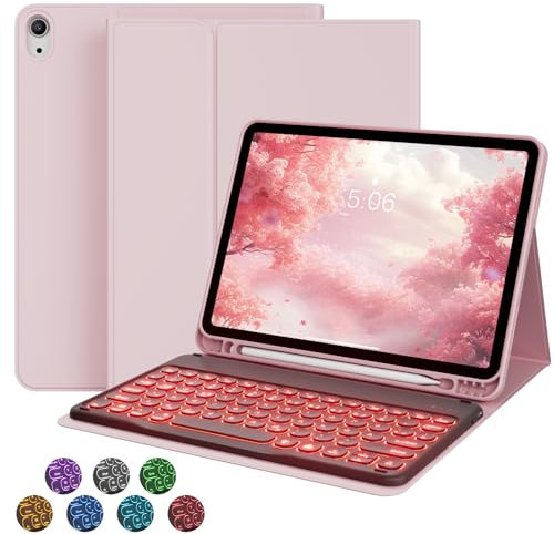 GKABXY Étui avec clavier pour iPad Air 11 (M3/M2), iPad Air 7, 6, 5, 4 (2025/2024/2022/2020) 10,9, avec porte-stylo, disposition QWERTZ, 7 couleurs, clavier Bluetooth magnétique amovible, rose