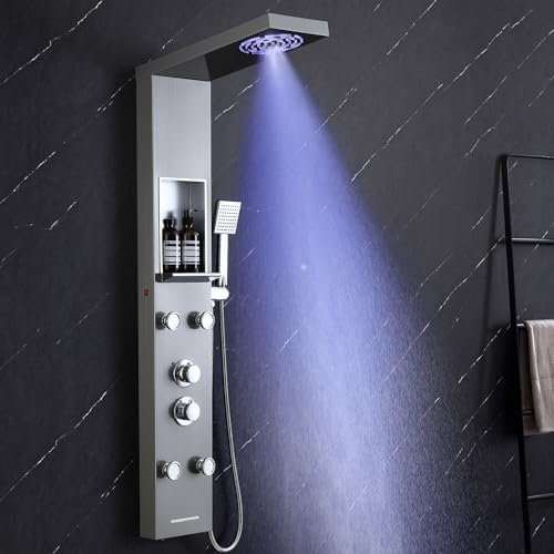 KINKIBOS Pannello doccia a torre con miscelatore e ripiano, colonna doccia a 5 modalità, doccia a pioggia e nebbia, 4 getti massaggianti regolabili grandangolari, doccetta e bocca a cascata, acciaio