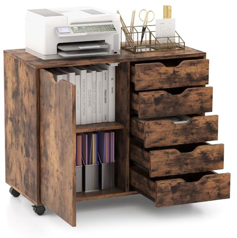GOPLUS Rollcontainer mit Schubladen, mobiler Aktenschrank mit Schrank, Büroschrank mit 5 Rollen, für Drucker & Bücher, 78 × 39 × 65cm (Rustikales Braun)