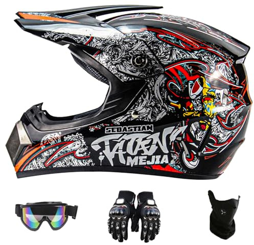 DriveNova Hjälm för motocross, MTB, fyrhjuling och motorcykel, integralhjälm med handskar, mask och glasögon, för vuxna och barn, DOT-certifierad