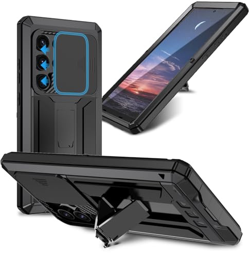 Pour Samsung Galaxy S25 Ultra 5G Coque , avec et béquille & CaméRa Coulissante Intégrée & Protecteur d'écran, Aluminium Métal Antichoc Militaire Heavy Duty Robuste Couverture Housse Coque (Noir)