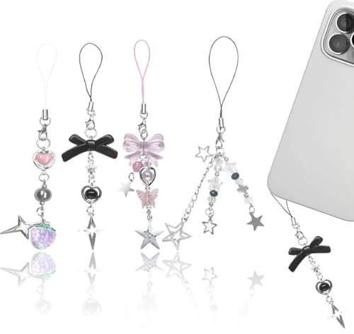 EORPAVU Handyanhänger 4-teiliges Set mit süßen Handyanhängern, wunderschönen Anhängern, Handyanhängern, Handytaschen-Schlüsselanhängern, Kamera-Charm-Zubehör