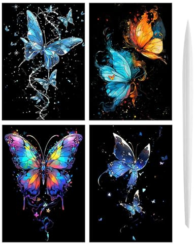 BARRU 4 pezzi Scratch Art Kit - Carta Magica Arcobaleno Antigraffio, Design Noctilucent Farfalla, Ideale per Bambini e Adulti, Regalo Creativo per Natale e Compleanni(Farfalla)
