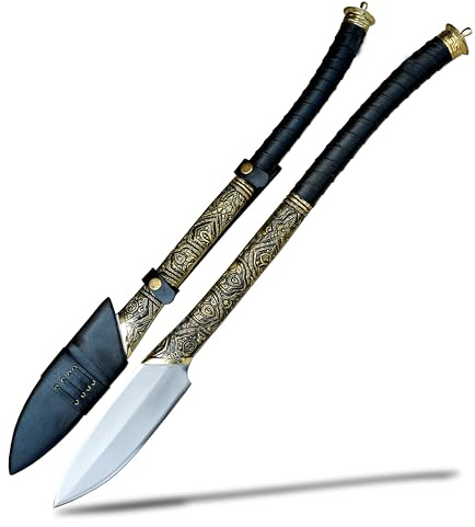 THE NEPAL Handgeschmiedeter Speer, 20,3 cm, gehärtete Klinge, voller Tang, lederumwickelter Palisandergriff, Sammlerstück mit handgefertigter Lederscheide