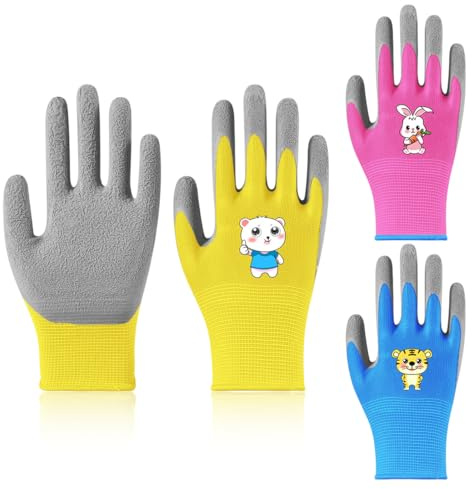 IKOPFLN 3 Pares de Guantes de Jardinería para Niños para 9-12 Años,Guantes Trabajo,Guantes de Jardín Recubiertos de Goma,5XXXS