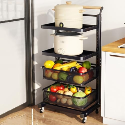 Cesta para verduras de 4 niveles, frutero multifuncional con ruedas, carrito organizador móvil ajustable con asa de madera, resistente soporte para ollas de pie para cocina, baño y garaje (blanco)