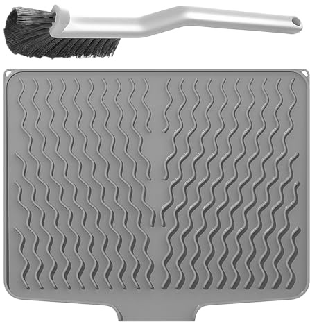 Rieoany Silicone Dish Drying Mat 40x33cm, Grey Sink Drainer Mat with L-Shaped Cleaning Brush, Heat-Resistant Draining Board Mat for Kitchen Counter, Non-Slip Silicone Mat for Worktops
