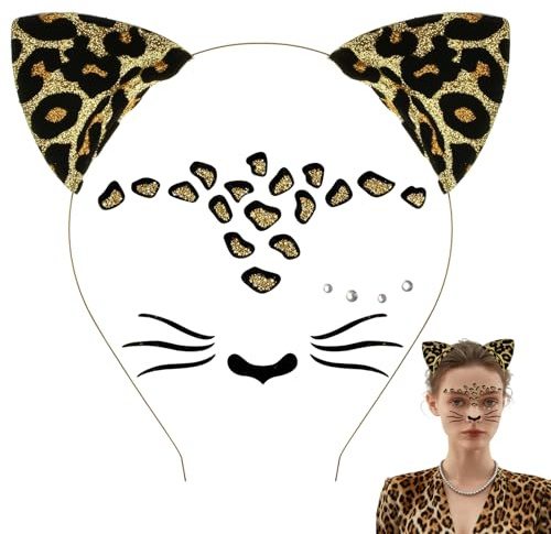 LUYANFX Katzenohren Haarreif Katze Ohren Stirnband mit Gesichtstattoo Aufkleber, Haarband Katzen Haarreif für Halloween Karneval Kostüm Cosplay Party für Kinder Erwachsene (B)