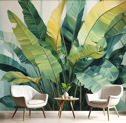 Carta Da Parati Murales Verde Smeraldo Foglie Di Banano Astratta Fotomurali 3D 150X105Cm,Piante Per Pittura A Olio Effetto Quadri Murali Murale Decorazione Parete Soggiorno Camera Da Letto