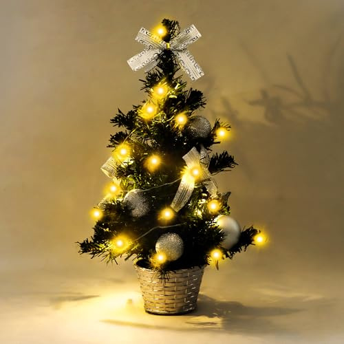 Mini Christmas Tree 30CM, Pre-Decorated Tabletop Artificial Xmas Tree with LED Lights & Ornaments, Small Desktop Holiday Decor for Home, Office, Shop, Ideas UK (Sliver)