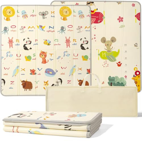 Hibtn Baby Play Mat 2 Side, Foldable Baby Playmat, Kids Large Foam Anti-Slip Crawling Soft Blanket, Folding Waterproof Floor Carpet (127 x 127 x 1cm)