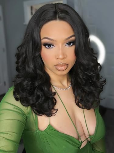 WIGNEE Peluca Bob Onda Corporal Cabello Yaki Claro Raya Centro Encaje | Onda Corporal Suave, Encaje 4×1, Negro Natural Sintética Sin Pegamento, Línea Capilar Natural Diario Y Fiestas