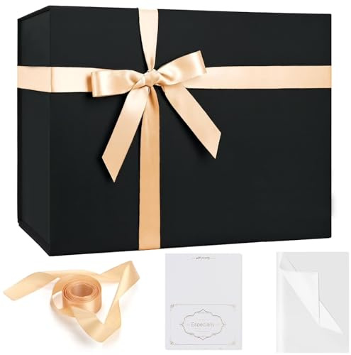 Schwarz Geschenkbox mit Deckel - 31 x 22 x 6 cm Groß Geschenkbox mit Schleifen, Geschenkkarton Set mit Dünnes Papier, Grußkarten und Schleife für Hochzeit Muttertag Geburtstag Weihnachten Valentinstag