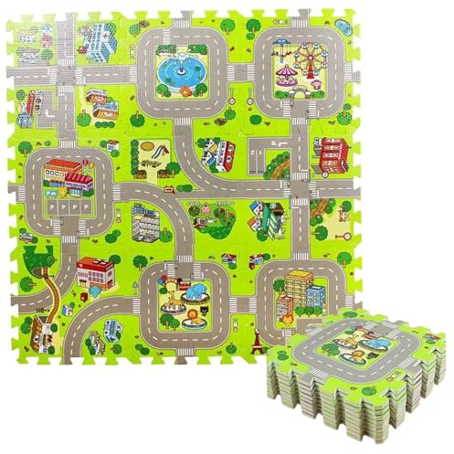 Tapis de Puzzle, 9 Carreaux 12 x 12 en Mousse PE pour Enfants, Tapis de Jeu en Mousse emboîtable, Jeu Circulation routière pour Enfants, éducatif pour Roues ou Voitures Jouets, Carreaux emboîtab