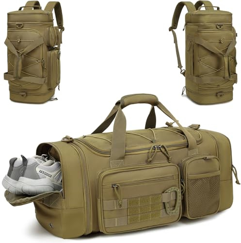 Tonruyn Taktische Reisetasche Rucksack 40-45L für Herren Damen Erweiterbare Sporttasche mit Schuhfach und Nassfach Wochenend Duffel Bag für Militär Reisen Camping, Braun