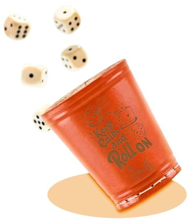 Diamandi PERSONALISIERTER Echtleder Würfelbecher Orange - Inkl. 5 Würfel | Wunsch-Gravur mit Name & Motiv | Robuster Knobelbecher für Schocken & Würfel-Klassiker