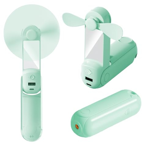 CNMTCCO Handventilator,5 in 1 Mini Ventilator,USB Akku [Bis zu 13-20 Stunden Kühlzeit]mit Hängendes Seil,Powerbank,Taschenlampe,Spiegel und Handyhalterung für Reisen,Sommer,Geschenke für Frauen(Grün)
