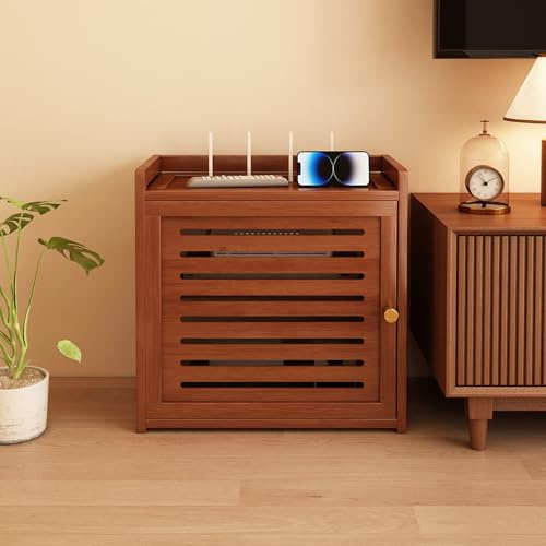 HPIRFYE Double Layer WiFi Router Storage Cabinet Shelf Organizer WiFi Router Hidden Box For Modem,Power Strip And Cable Management Hider Organizer,For Bedrooms,Living Rooms(Brown,40.5 * 28 * 43cm)