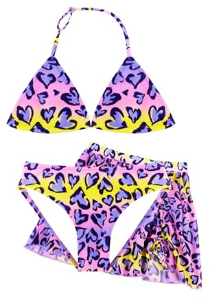 POWER FLOWER Set Bikini Bambina 3 Pezzi con Gonna Sarong, Costume da Bagno Due Pezzi con Spalline Regolabili, Abbigliamento Mare e Piscina per Bambine 4–12 Anni (10-12 Years, LA717-Purple)