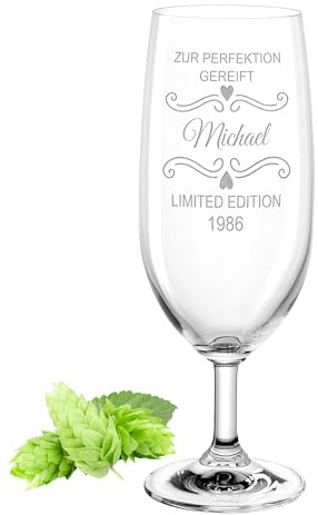 Gravur-Max Leonardo Bierglas mit Gravur & Name – personalisiertes Pilsglas 360 ml – Bierglas personalisiert „Zur Perfektion gereift“ – spülmaschinenfest – Geschenk für Männer