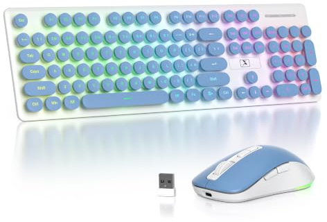 Vumilstek Wireless Keyboard and Mouse Set, US Layout Rechargeable Retro Typewriter 2.4GHz Full Size for Students Home Office PC Laptop(Blue)