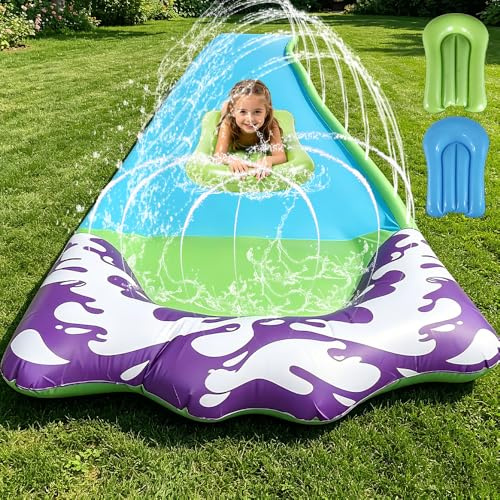 Foreverup 480 x 70 cm Tobogán de Agua con 2 Tabla, Tobogán Acuático con Rociador, Slide de Agua con Riego para Niños, Juguete de Verano para niños y Adultos, diversión al Aire Libre en el jardín